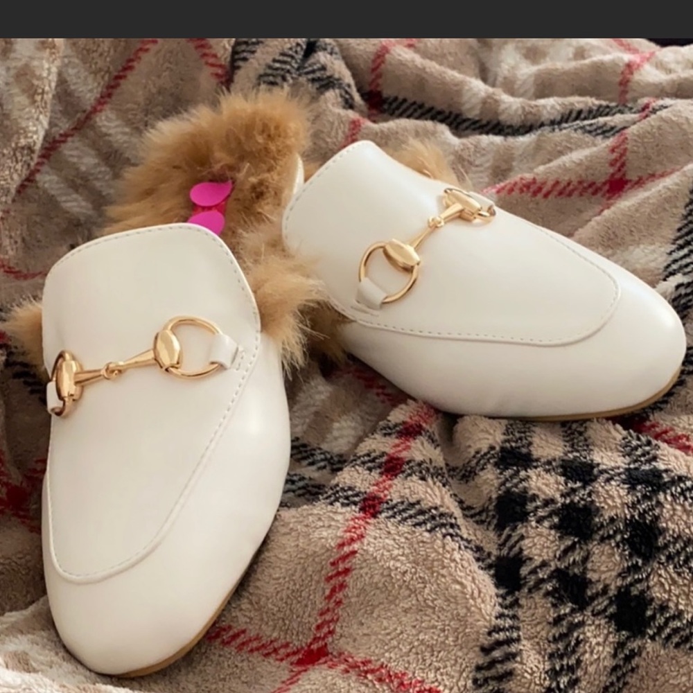 NWT White Fur Open Back Loafer Mule Slides - Picture 6 of 6